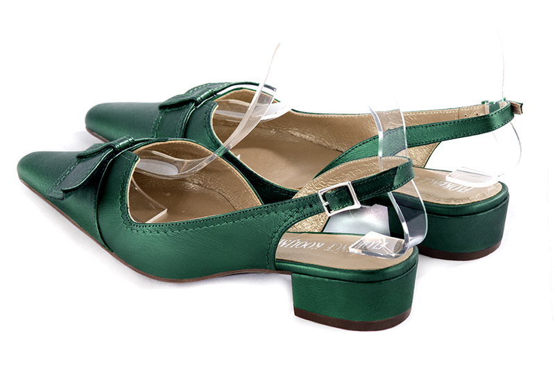 Emerald green women's open back shoes, with a knot. Tapered toe. Low block heels. Rear view - Florence KOOIJMAN